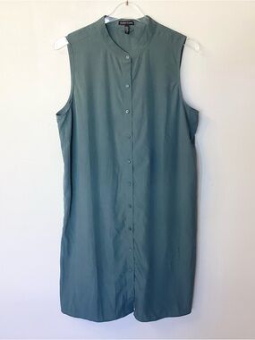 Eileen Fisher Sleeveless Button Front Shirt Dress - Green - L